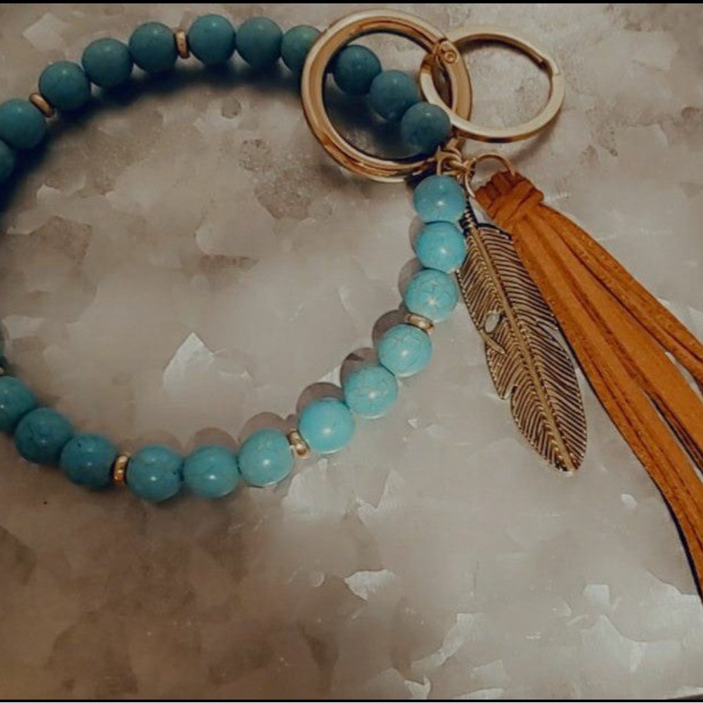 Turquoise Beaded Keychain with Feather and Tassel